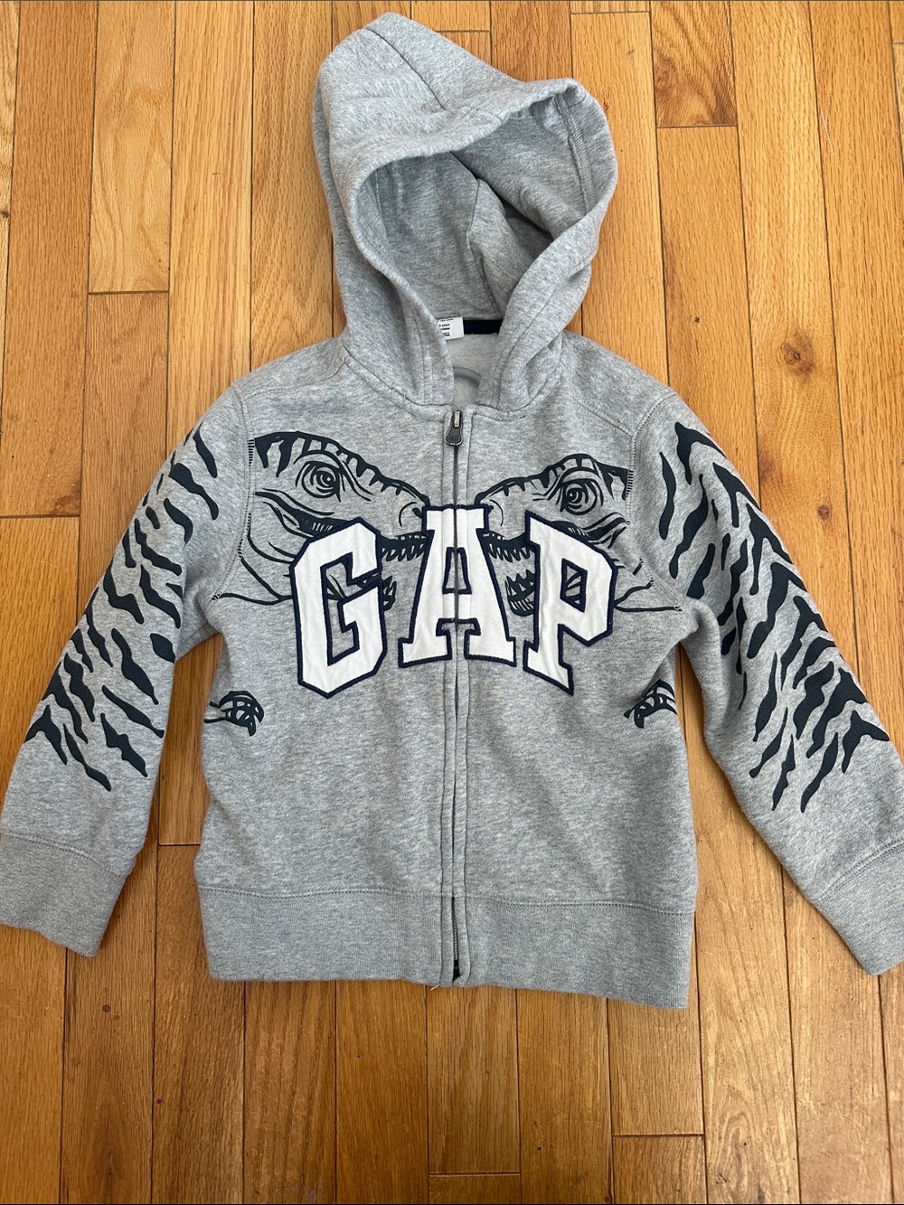 GAP Gray Zip Hoodie with Navy Dino and Stripe Accents